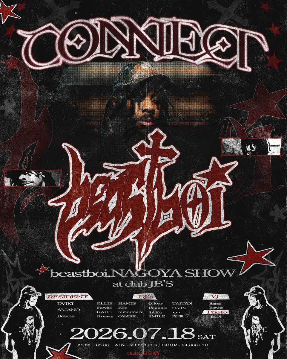 connectnagoya's tweet photo. ◆ 遂に本日開催!! ◆

🗓️2026.7.18(土) 21:00-5:00
 『 CONNECT pres. 𝐛𝐞𝐚𝐬𝐭𝐛𝐨𝐢. 』 
📍 @clubjbs 

beastboi. 無事名古屋到着しました🦇
名古屋公演すごく楽しみにしてくれていました！
今夜は名古屋公演にてお待ちしております🧛

チケット🎫
https://t.co/EVh1zaK2ds https://t.co/B6EOLcBEzv