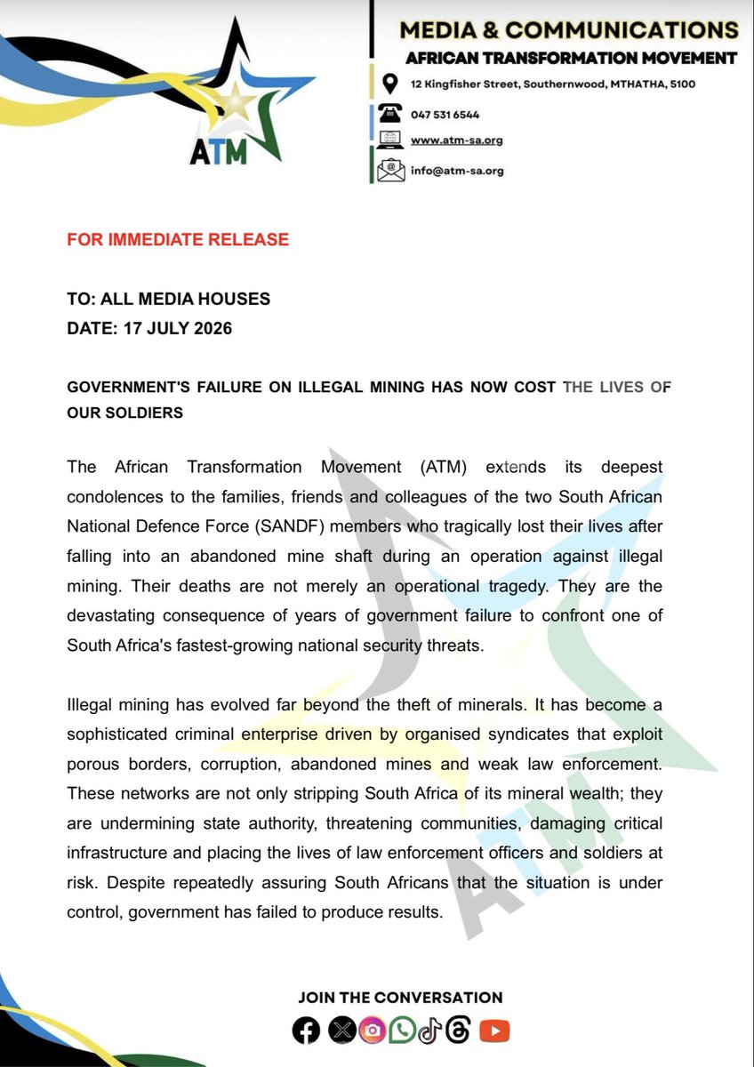 ATMovement_SA's tweet photo. How many more soldiers must die before government secures our borders, shuts down illegal mines and stops treating organised crime like a minor inconvenience?

We send our condolences to the families of the @SANDF_ZA members who lost their lives after falling into an abandoned mine shaft.

#ATMInComminities