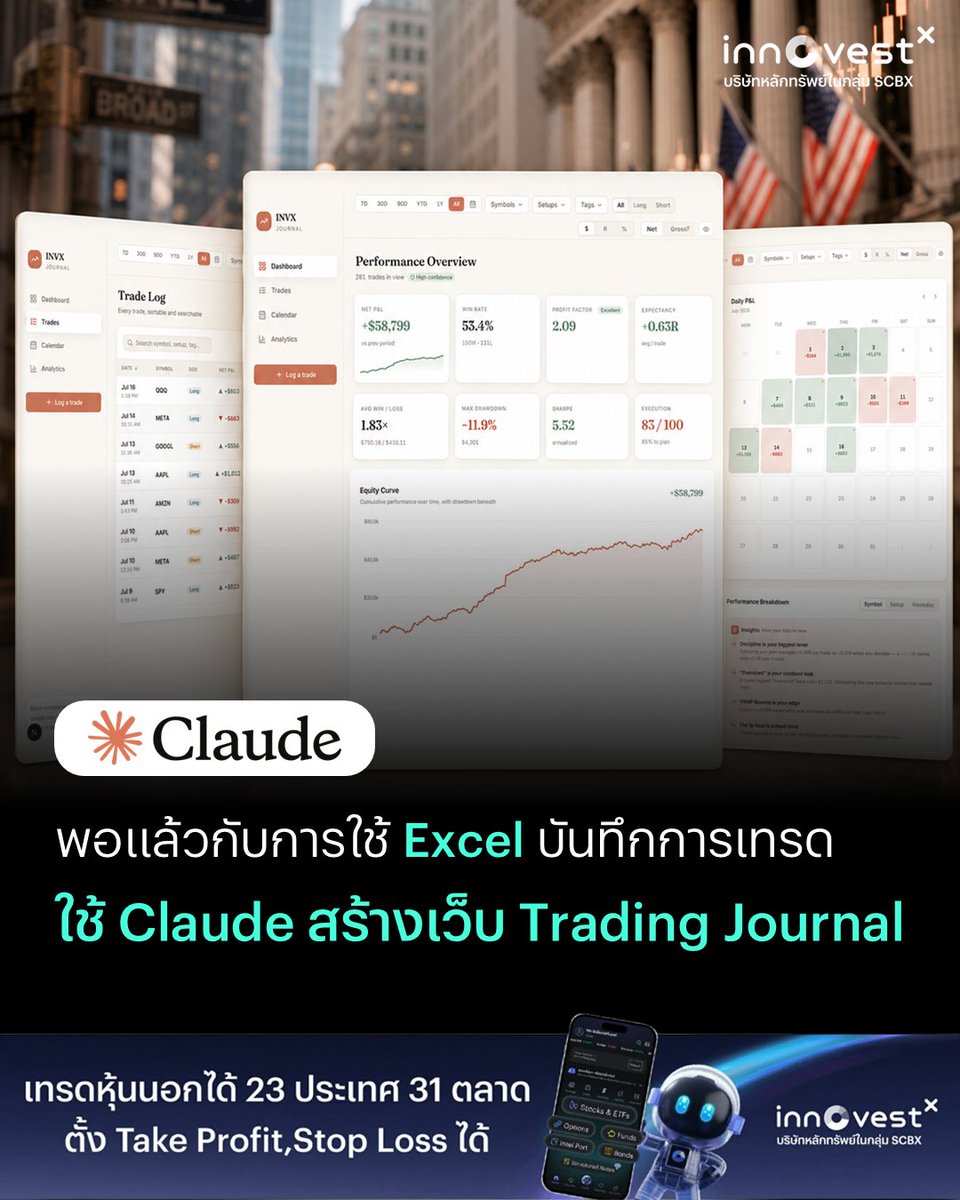 invxsecurities's tweet photo. พอแล้วกับการใช้ Excel บันทึกการเทรด! ลองใช้ Claude สร้างเว็บ “Trading Journal” ส่วนตัวกันดีกว่า
.
เทรดเดอร์และนักลงทุนหลายคนคุ้นเคยกับการใช้ Excel หรือ Google Sheets เพื่อบันทึกการตัดสินใจซื้อขายและผลกำไร-ขาดทุน แล้วนำกลับมาประเมินระบบเทรดของตัวเอง
.
แต่เมื่อข้อมูลเริ่มเยอะ การดูภาพรวมอาจยากขึ้น
.
วันนี้ InnovestX มีไอเดียมาฝาก! ชวนคุณลองใช้เครื่องมือ AI Coding เช่น Claude Code หรือ Cursor ช่วยสร้าง “Trading Journal Web App” เว็บแอปส่วนตัวสำหรับบันทึกและติดตามผลการเทรด พร้อมสรุปข้อมูลเป็น Dashboard ที่ดูง่ายขึ้น
.
Trading Journal Web App ดีกว่ายังไง?
ครบจบในหน้าเดียว: ไม่ต้องสลับไฟล์ไปมาให้อ่านยาก
ดูภาพรวมง่ายขึ้น: แยกสีกำไรและขาดทุนให้เห็นชัด
ฟังก์ชันครบสำหรับการรีวิว: มีทั้ง Dashboard, ตารางประวัติการเทรด, รายละเอียดเทรด, ปฏิทิน P&L, หน้า Analytics และฟอร์มบันทึกการเทรด
คำนวณสถิติสำคัญให้อัตโนมัติ: ทั้งอัตราชนะ (Win rate), อัตรากำไรต่อขาดทุน (Profit factor), ค่าคาดหวังต่อการเทรด (Expectancy), การขาดทุนสะสมสูงสุด (Max drawdown) และผลตอบแทนเทียบความเสี่ยงต่อเทรด (R-multiple)
เก็บข้อมูลเป็นระบบมากขึ้น: กรองข้อมูล คลิกดูกราฟ และบันทึกข้อมูลไว้ในเบราว์เซอร์ของคุณเอง
.
วิธีทำก็ไม่ต้องเริ่มจากศูนย์
แค่นำไฟล์ Prompt “Build a Trading Journal Web App” ไปวางในเครื่องมือ AI Coding แล้วสั่งให้ช่วยสร้างเว็บตามโจทย์ AI ก็จะช่วยตั้งต้นโค้ดและโครงเว็บให้คุณนำไปทดลองใช้งานต่อได้
.
ลองเข้าไปเล่นตัวอย่างเว็บได้ที่นี่: https://t.co/RPZjcNvbVf
.
ใครอยากมี Trading Journal ของตัวเอง หรืออยากลองเล่น AI Coding แจกไฟล์ Prompt ไว้ในคอมเมนต์แล้ว ไปลุยกันได้เลย!
.
และถ้าพัฒนาระบบเทรดจนมั่นใจ พร้อมไอเดียการลงทุนที่เหมาะกับตัวเองแล้ว อย่าลืมวางแผนการลงทุนและบริหารความเสี่ยงให้รอบด้านก่อนลงสนามจริง
.
เปิดบัญชีกับ InnovestX ลงทุนได้ครอบคลุมทุกสินทรัพย์ ทั้งหุ้นไทย หุ้นต่างประเทศ กองทุนรวม ตราสารหนี้ ตราสารอนุพันธ์ DR และสินทรัพย์ดิจิทัล
ดาวน์โหลดแอป คลิก https://t.co/fjneS7mveK
.
บทความนี้เป็นการให้ข้อมูลทั่วไปและ/หรือเป็นความคิดเห็นเท่านั้น มิใช่การชักชวนหรือให้คำแนะนำการลงทุน ผู้ลงทุนควรทำความเข้าใจลักษณะสินค้า เงื่อนไขผลตอบแทนและความเสี่ยงก่อนตัดสินใจลงทุน
.
#INVXAI #Claude #InnovestX #จักรวาลการลงทุนในมือคุณ #TradingJournal #AIช่วยลงทุน