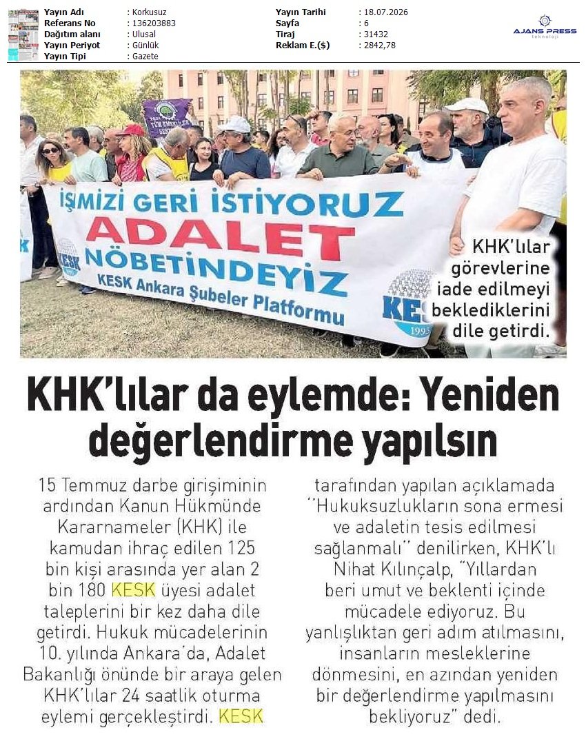 KESK1995's tweet photo. KHK'li ihraçların tüm haklarıyla görevine iade edilmesi için başlayan Adalet Nöbeti'miz Korkusuz Gazetesi'nde: https://t.co/vL2jjzu1ge