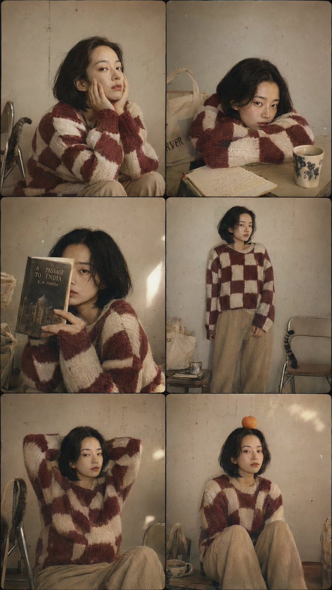 AI 生图提示词:A 6-panel collage (3 rows by 2 columns) featuring a young East Asian woman with