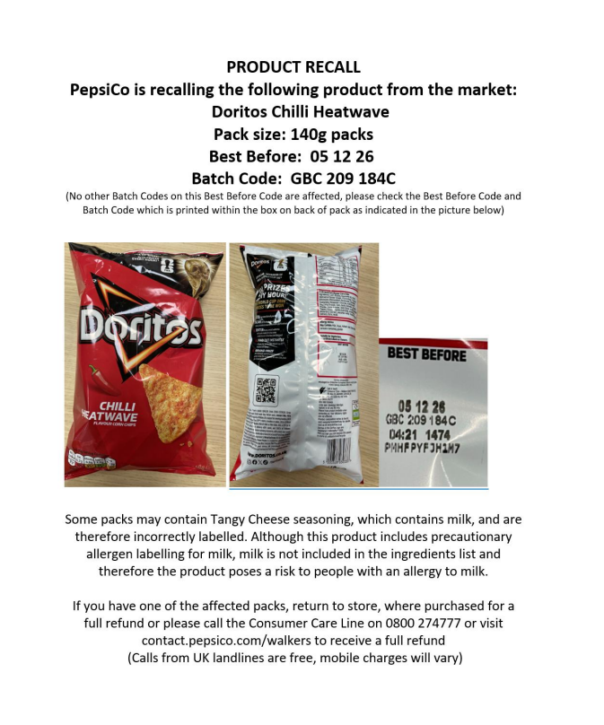 SafonauD's tweet photo. Rhybudd Alergedd/ Allergy Alert

PepsiCo recalls Doritos Chilli Heatwave because of undeclared milk

https://t.co/kjFuBEUsL8 https://t.co/GsbUCm1c47