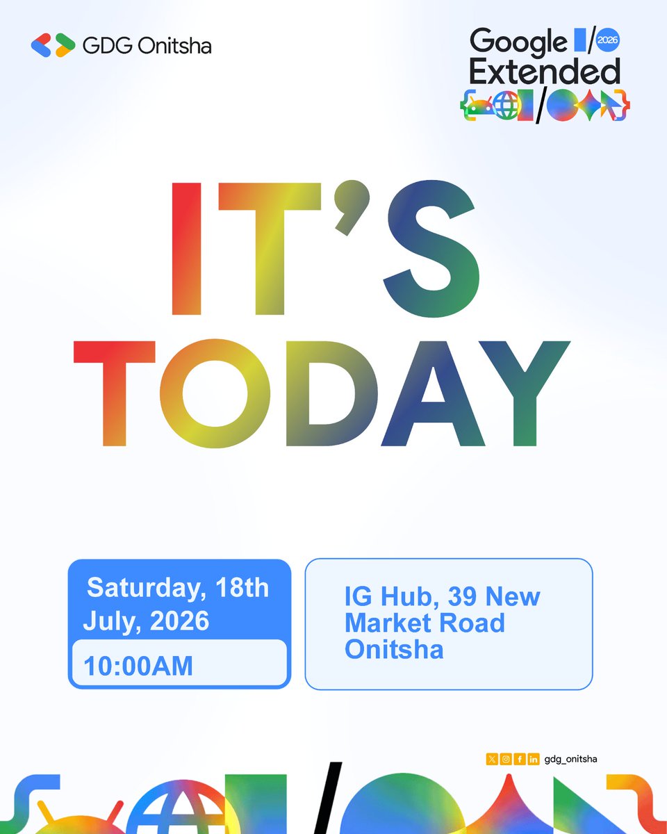 gdg_onitsha's tweet photo. It’s happening today! 🎉
Join us at Google I/O Extended Onitsha.
📍 Innovation Growth Hub, 39 New Market Road, Onitsha
🎟️ https://t.co/wNEiLyVRBA
#GDGOnitsha #GoogleIO https://t.co/IpBaMjG9YJ