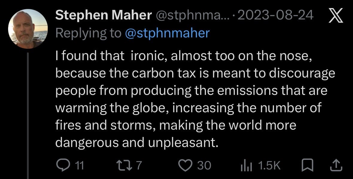 stephen_taylor's tweet photo. My friend Stephen Maher: Taxes prevent us from burning in a fiery inferno.

Also Stephen Maher: Forest management? There is nothing we can do. https://t.co/9PywX0UWCt