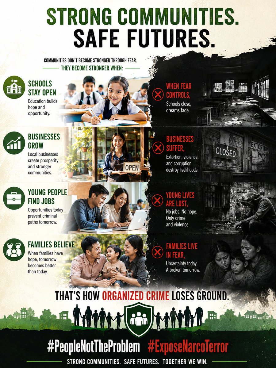 saroja_sing's tweet photo. Communities don't become stronger through fear. They become stronger when schools stay open, businesses grow, young people find jobs and families believe tomorrow will be better than today. That's how organized crime loses ground. #PeopleNotTheProblem #ExposeNarcoTerror https://t.co/E46nReAL83