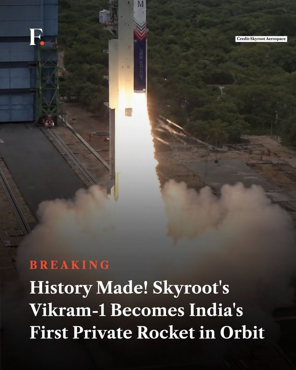 firstpost's tweet photo. India created a new milestone in its space journey as Skyroot Aerospace successfully launched Vikram-1, the country's first privately developed orbital rocket, from the Satish Dhawan Space Centre in Sriharikota. https://t.co/iyHgH8eYzi