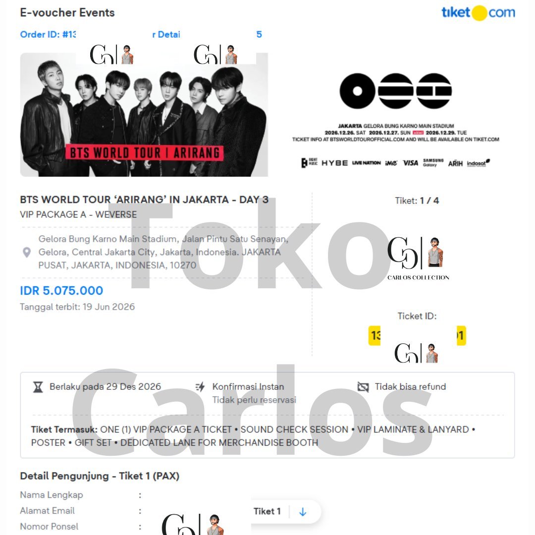 TokoCarloss's tweet photo. WTS 
Tiket/Ticket BTS "Arirang" in Jakarta 

DAY 3 - VIP PACKAGE A  WEVERSE Ready 4 tix

Price di DM ya yang pastinya 1 digit/tix

Duduk berdampingan  

Diambilin WB nya, pokonya tau beres, 100% aman
Harga dah jadi WB/surat kuasa beda harga ya

WTS WTB
#bantuteman https://t.co/fUhirJFGXb