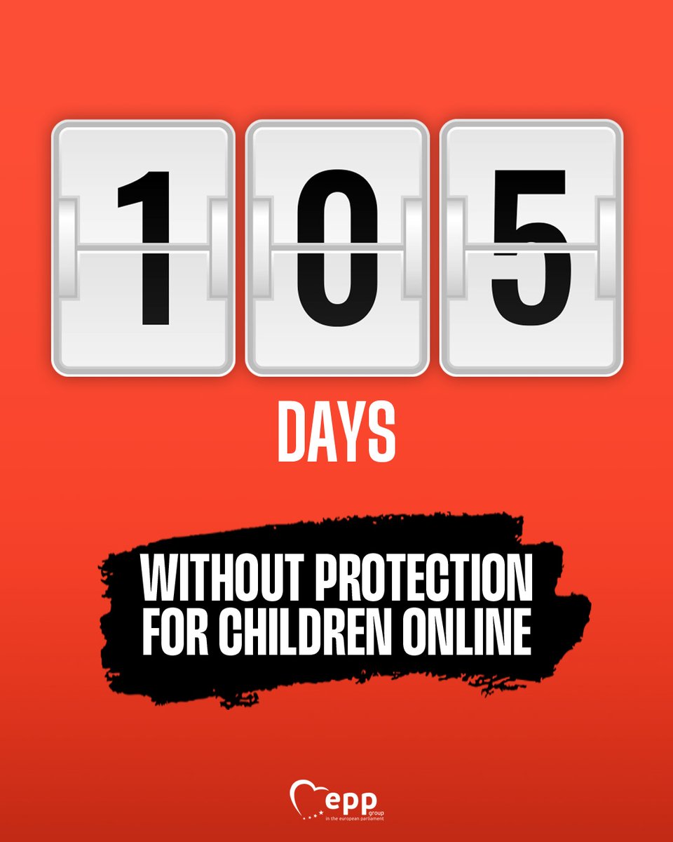 EPPGroup's tweet photo. 🚨 105 days and counting. 

How many more days will European children remain unprotected online? 

We urge the Council to find a solution to close the legal gap that has existed since 3 April. 

Meanwhile, we will continue to work tirelessly to put in place an effective, robust and permanent legal framework to protect children online.