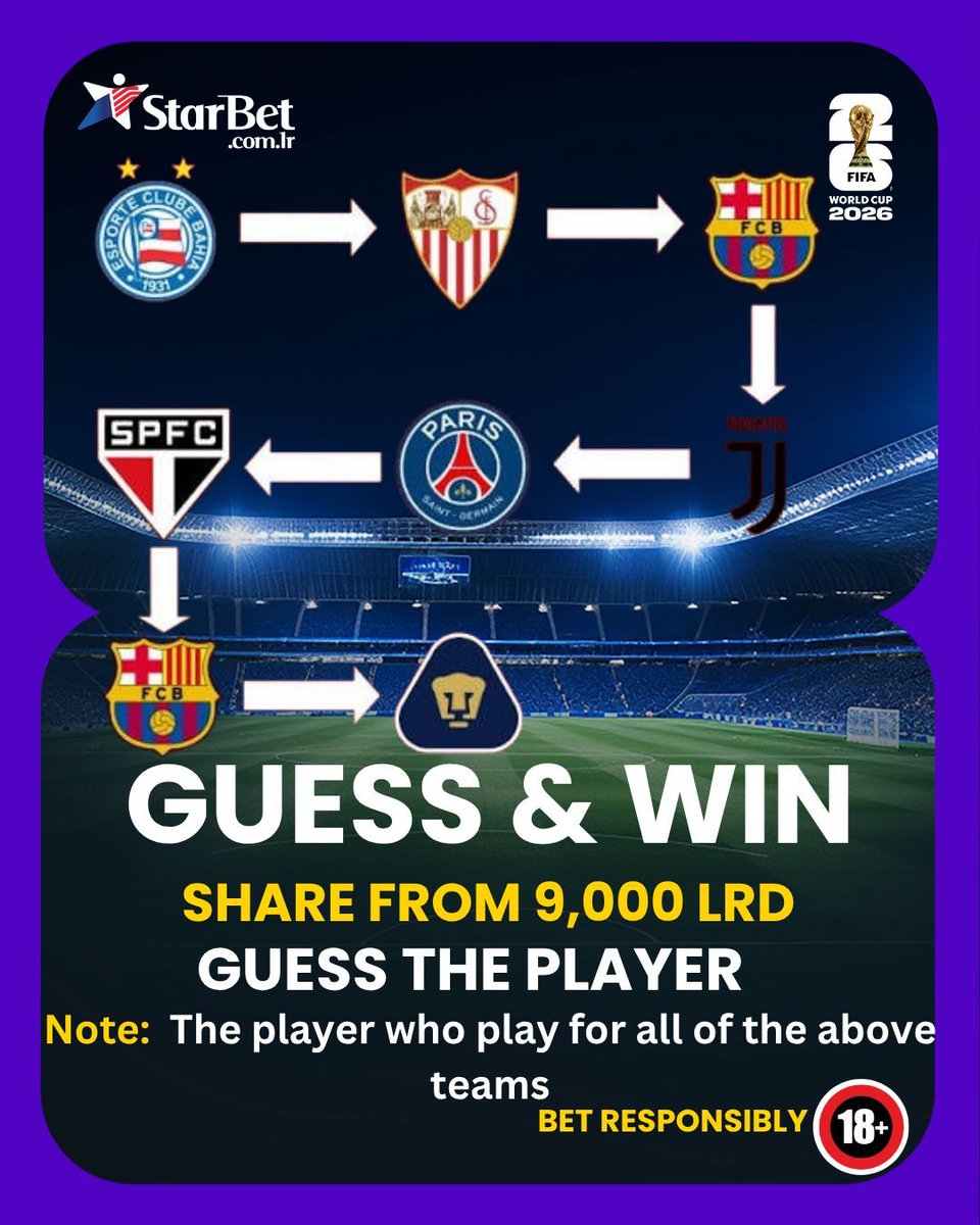 starbetliberia's tweet photo. Guess and Win shares from 9,000 LRD #Freebets🏆
➡️ 30 Winners
🤑 Prize Pool 300 LRD each
👉How to Participate:
1. answer in comments
2. Like our social pages
3. Write your User ID
#Starbet #StarBetLiberia #LiberiaSports #GuessWho #GuessThePlayer #FootballTrivia #PlayerRevea https://t.co/ikeLwb39e1