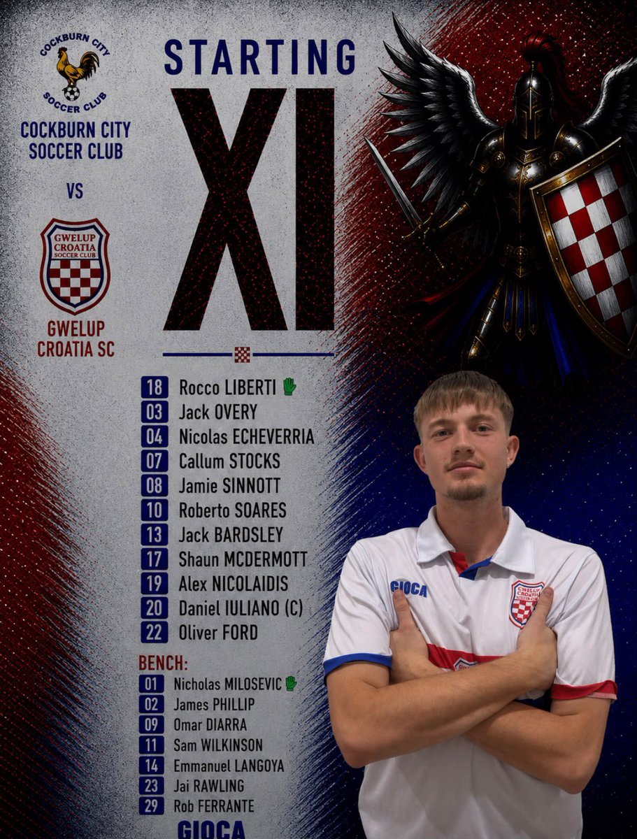 GwelupCSC's tweet photo. STARTING XI | Your @GwelupCSC team to face @CockburnCitySC today.
Letโs go!
๐ดโช๏ธ๐ต
@FootballWest #CCIvGWE #RedWhiteBlue https://t.co/7kolPA8vep
