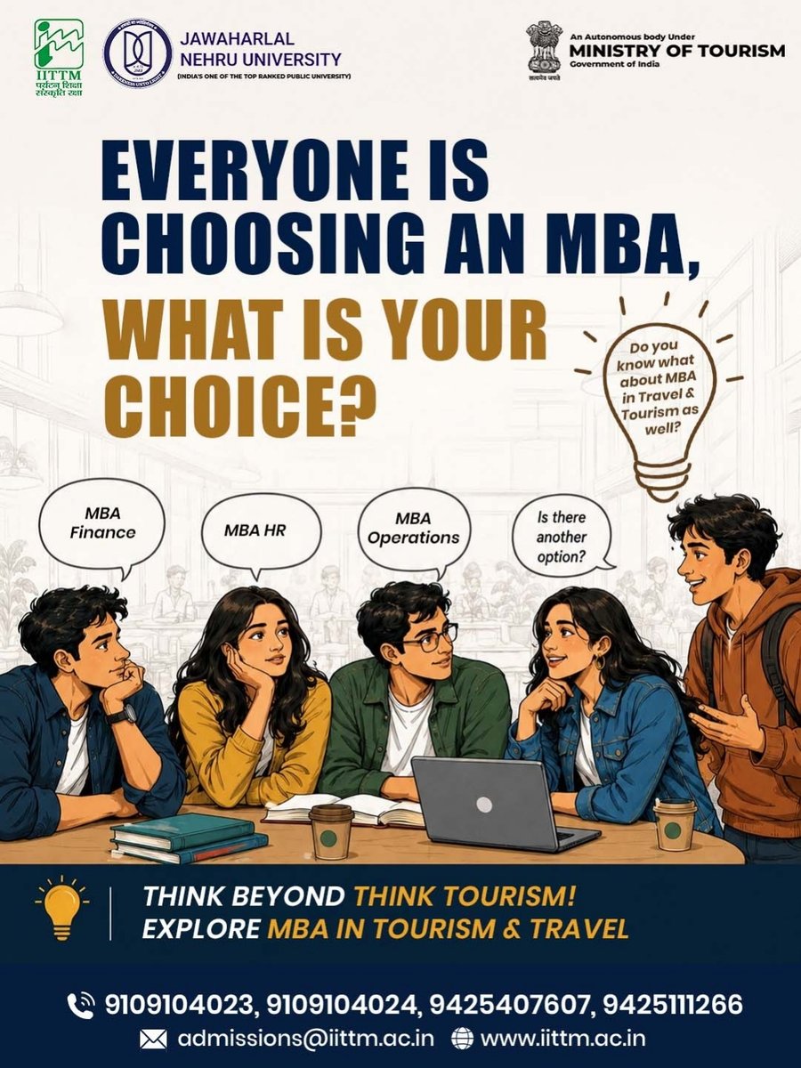 iittmofficial's tweet photo. π Build a global career with MBA in Tourism & Travel Management (MBA-TTM) at IITTM, an Autonomous Institute under the Ministry of Tourism, Govt. of India, in academic collaboration with JNU.
β¨ Few seats left!
π Apply: https://t.co/b7b8kC3Pjq
#IITTM #MBATTM #MBAAdmissions https://t.co/48K5rza5a3