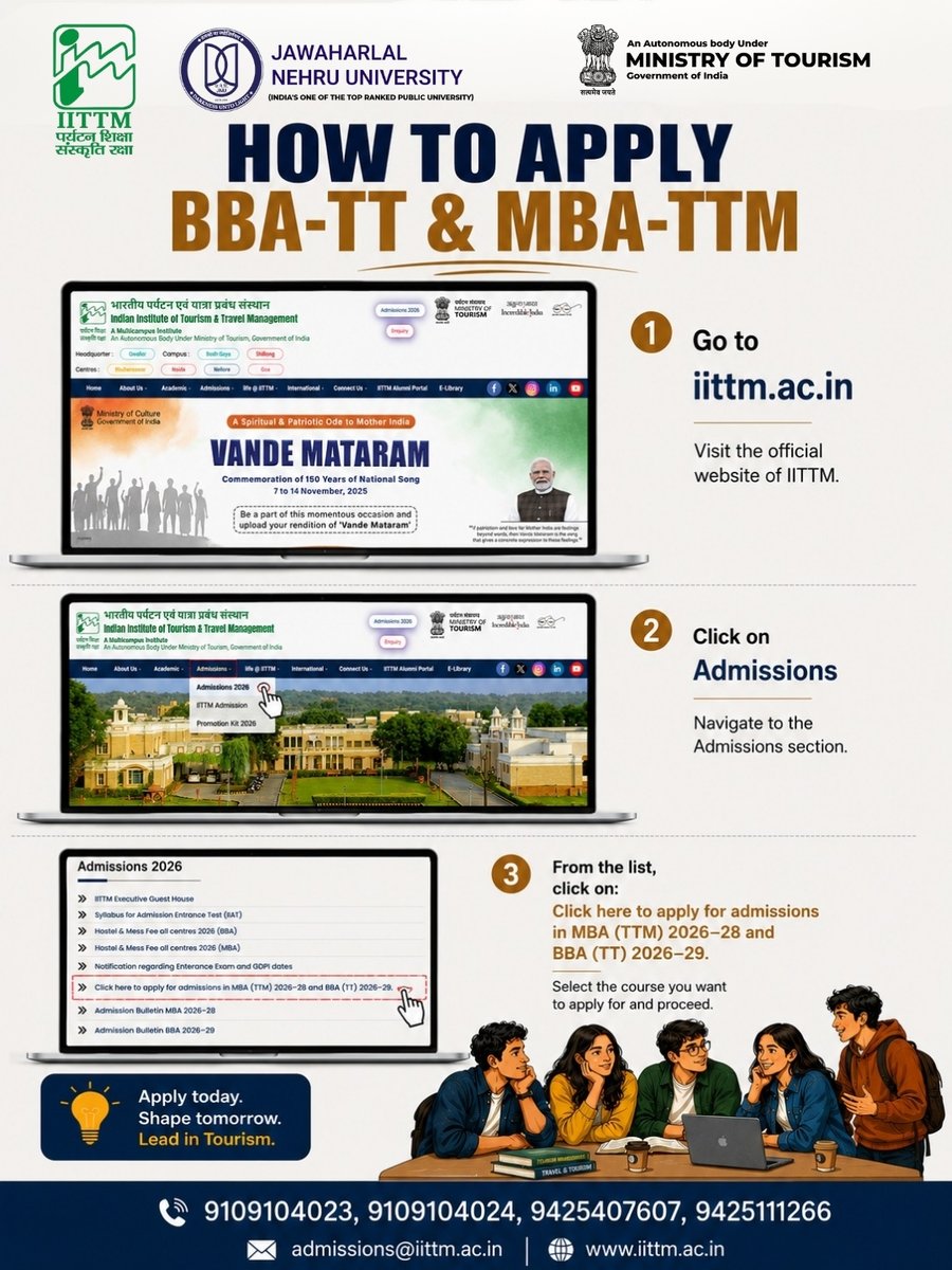 iittmofficial's tweet photo. π Build a global career with MBA in Tourism & Travel Management (MBA-TTM) at IITTM, an Autonomous Institute under the Ministry of Tourism, Govt. of India, in academic collaboration with JNU.
β¨ Few seats left!
π Apply: https://t.co/b7b8kC3Pjq
#IITTM #MBATTM #MBAAdmissions https://t.co/48K5rza5a3