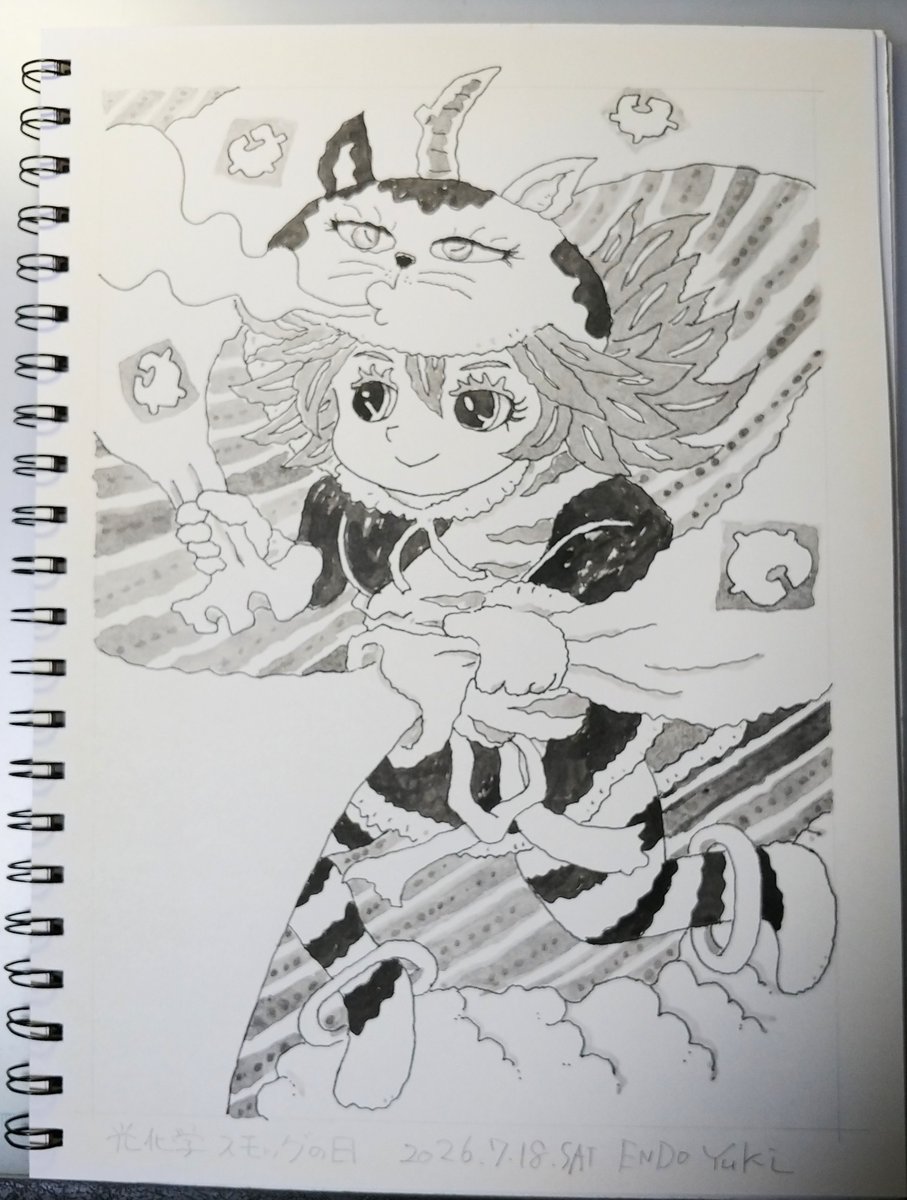 endouyuuki's tweet photo. ◆タイトル
　風ニャン様
◆コメント
「空気が良くニャイ」
そう思った風ニャン様が
ニャァ〜ン
と息を吹き出すと…
ニャンと!
光化学スモッグが吹き飛び空気が良くなりました。

#光化学スモッグの日
 #イラスト  #drawing https://t.co/UKLa9lvi7I