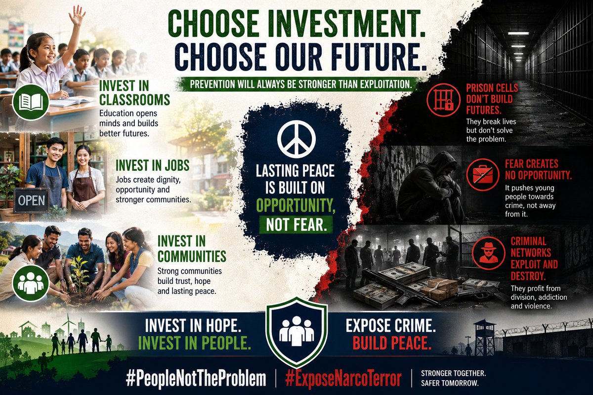 Raj_Deepak7d's tweet photo. If we truly want lasting peace, we need to invest in classrooms more than prison cells, in jobs more than fear and in communities more than criminal networks. Prevention will always be stronger than exploitation. #PeopleNotTheProblem #ExposeNarcoTerror https://t.co/D5BTOh4uwR