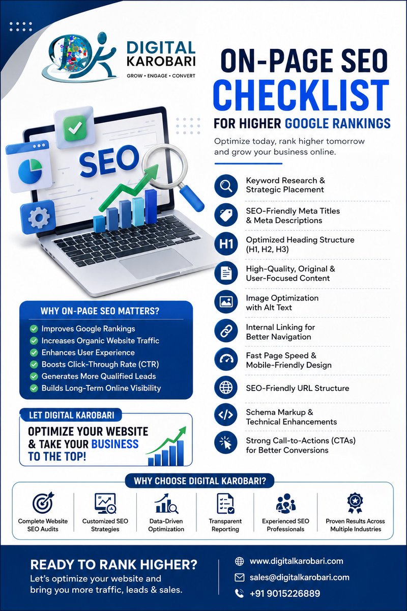DigitalKarobari's tweet photo. 🚀 On-Page SEO Checklist for Higher Google Rankings
#DigitalKarobari #OnPageSEO #SEOChecklist #GoogleRankings #SearchEngineOptimization #SEOExperts #OrganicTraffic #WebsiteOptimization #TechnicalSEO #ContentMarketing #KeywordResearch #BusinessGrowth #LeadGeneration https://t.co/apDvuCULan
