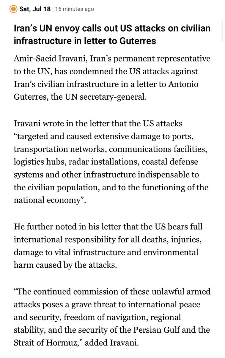RaniaKhalek's tweet photo. 10,000 Iranians have no access to water after the U.S. bombed water desalination pumps. 

This is in addition to US attacks on “ports, transportation networks, communications facilities, logistics hubs, radar installations, coastal defense systems and other infrastructure indispensable to the civilian population, and to the functioning of the national economy,” according to Iranian officials.

Bombing this infrastructure is cruel, criminal and guarantees an escalation spiral across the region.