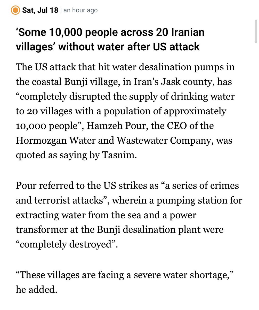 RaniaKhalek's tweet photo. 10,000 Iranians have no access to water after the U.S. bombed water desalination pumps. 

This is in addition to US attacks on “ports, transportation networks, communications facilities, logistics hubs, radar installations, coastal defense systems and other infrastructure indispensable to the civilian population, and to the functioning of the national economy,” according to Iranian officials.

Bombing this infrastructure is cruel, criminal and guarantees an escalation spiral across the region.
