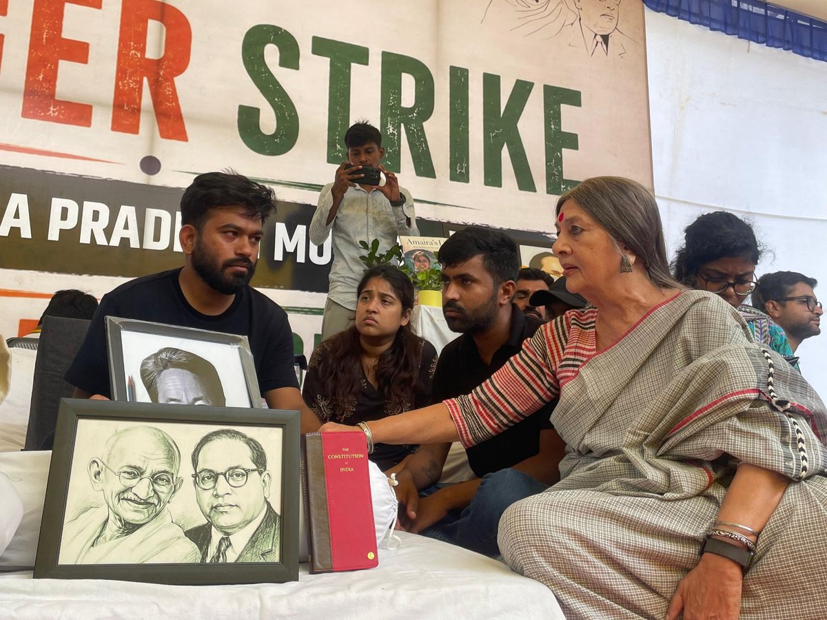 cpimspeak's tweet photo. Senior CPI(M) leader Brinda Karat visited Jantar Mantar to protest the action of the Delhi Police, who forcefully detained and took away environmentalist and educator Sonam Wangchuk on the 21st day of his hunger strike demanding the resignation of Union Education Minister Dharmendra Pradhan and accountability for the NEET Paper Leak and the complete failure of the education system. Comrade Brinda Karat extended solidarity with the ongoing student-youth movement and support for the students and youth who are on hunger strike.