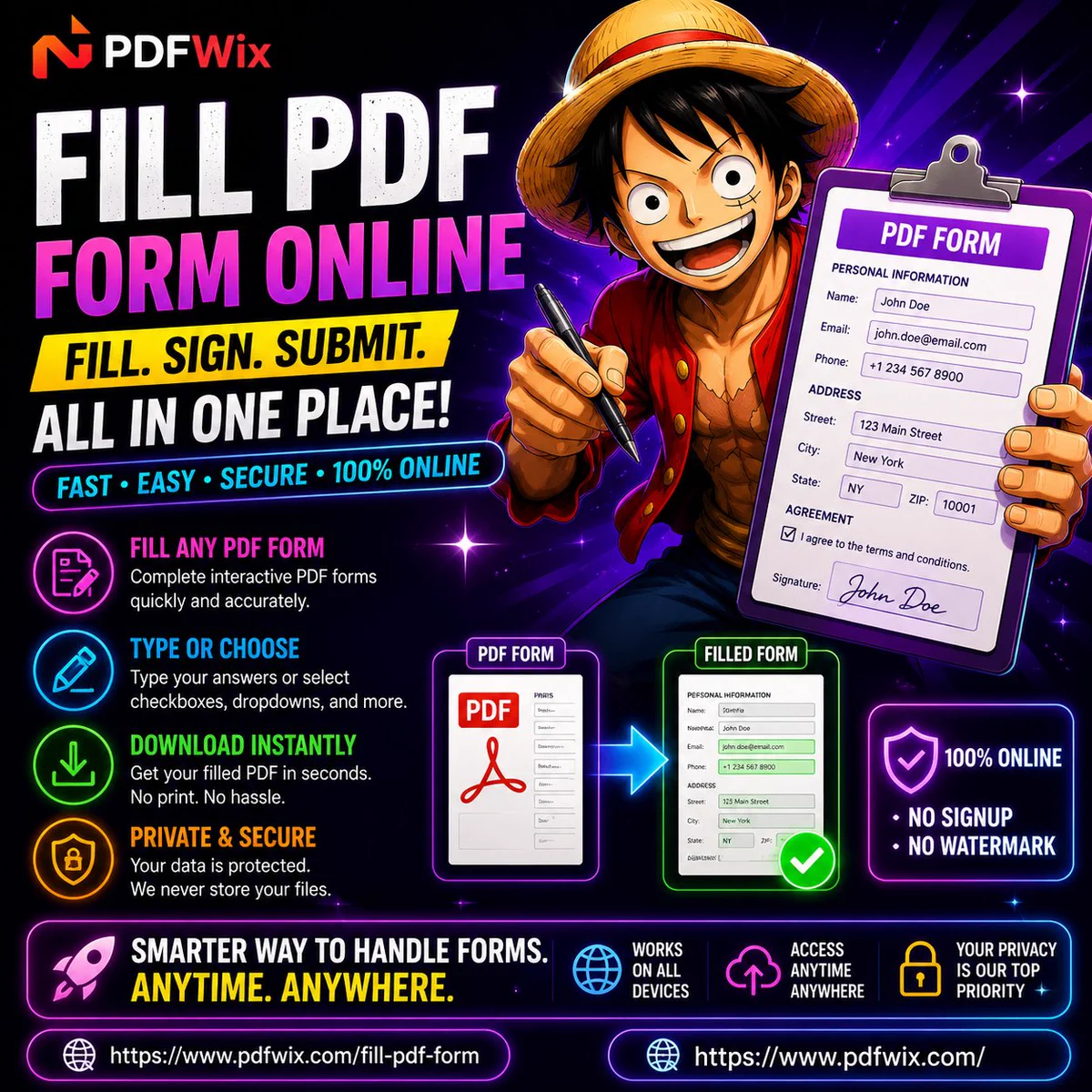 Free PDFWix Fill PDF Form tool — fill out an interactive PDF form online in your browser, no printing needed.