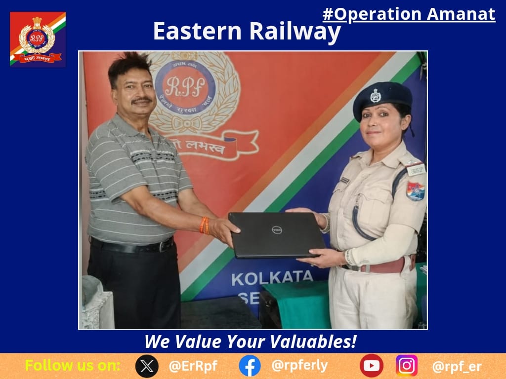 ErRpf's tweet photo. On 17.07.2026, RPF Officials recovered a left behind bag containing 01 laptop and other valuables worth Rs. 50,000/- from T/No. 12358 (Durgiana Exp.) at Kolkata Railway Station and handed over to its rightful owner after due process.
#OperationAmanat
@RPF_INDIA 
@RailMinIndia https://t.co/OyzEBj8VP3