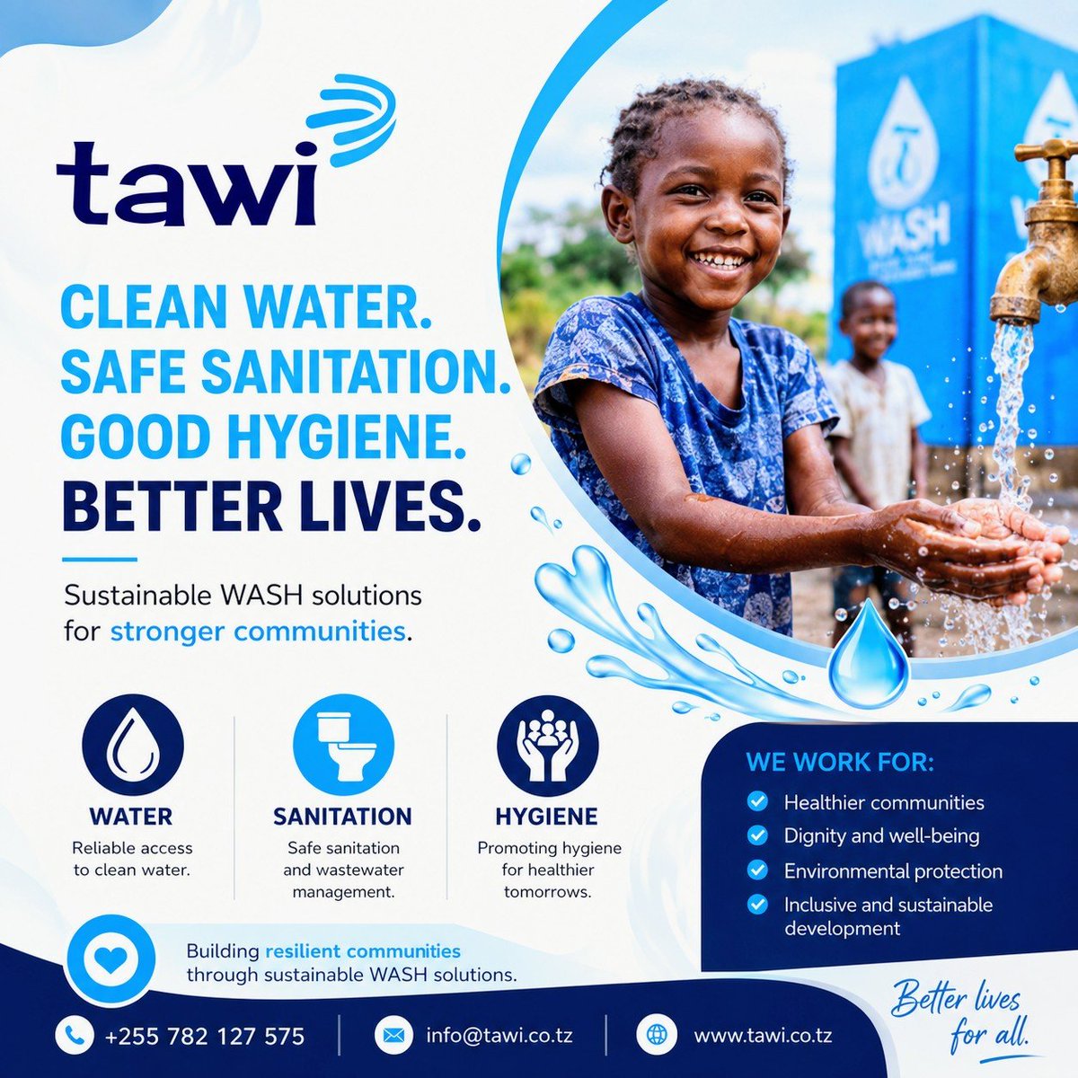 TawiConsult's tweet photo. 💧 Clean Water. Safe Sanitation. Better Communities. 🌍

Partner with TAWI Consult to deliver sustainable WASH solutions that create healthier, stronger, and more resilient communities.

📞 +255 782 127 575
📧 info@tawi.co.tz
🌐 https://t.co/U3P6byGcly

Let's build a healthier tomorrow-together. 💙