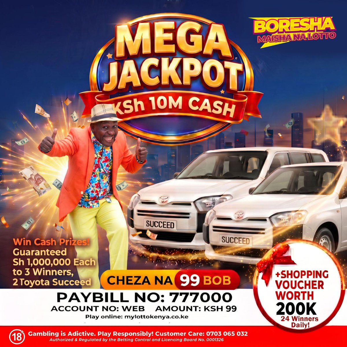 mylottokenya's tweet photo. Je, uko tayari kuboresha maisha yako kwenye Mega draw?
 
Usikose nafasi ya kushinda:  KSh 10,000,000 plus Toyota Succeed mbili na  Shopping Voucher ya KSh 200K
 
Cheza leo. Bahati inaweza kuangukia wakati huu!
Paybill 777000
Account WEB
Amount:99-2000
 
18+ ONLY https://t.co/NTPcu4VFHr