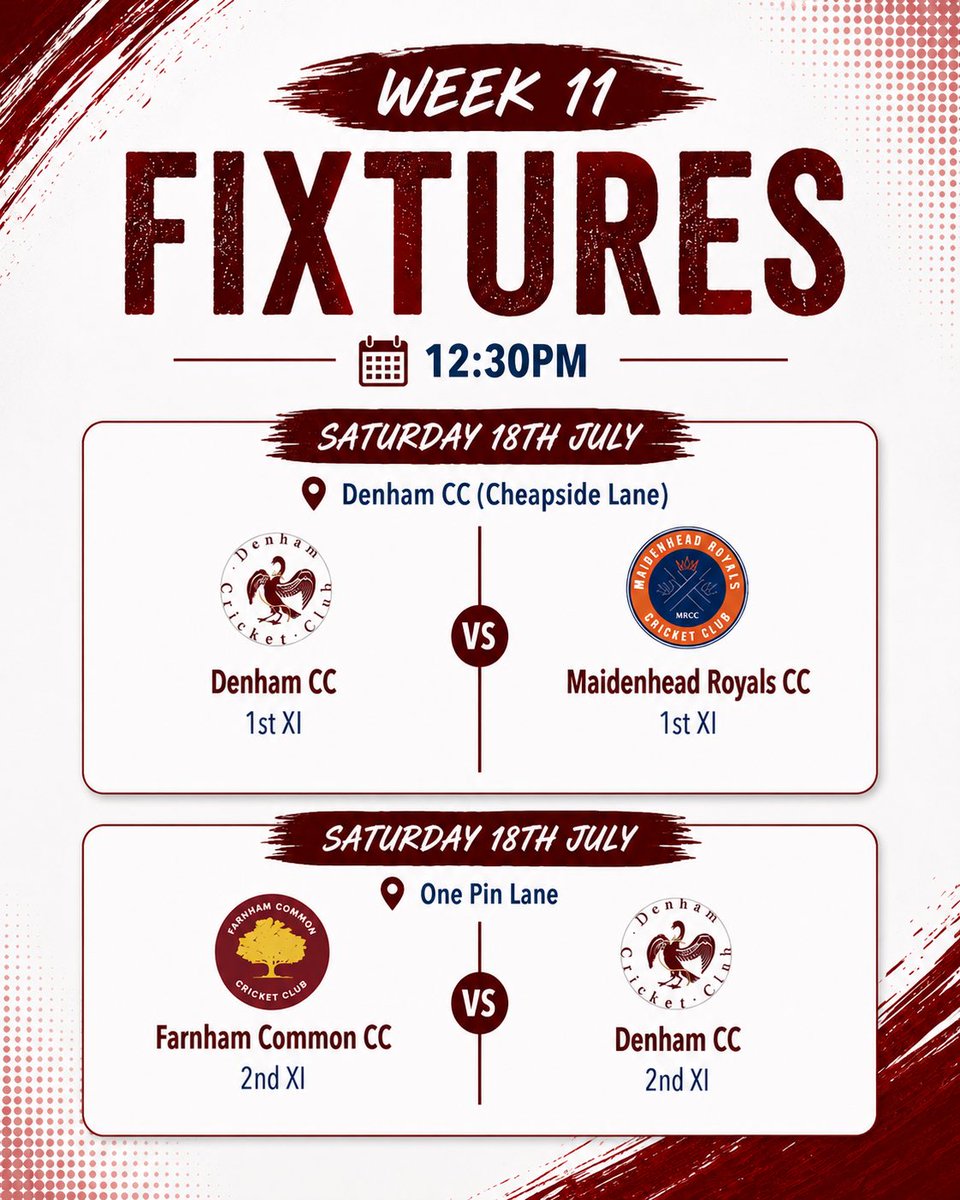 DenhamCC's tweet photo. Week 11! Our 1st XI host @maidenheadroyalscc and our 2nd XI travel to @farnhamcommonc1 #denhamcc #upthedenham #tvcl @ThamesValleyCL https://t.co/uFBJh0IpWe