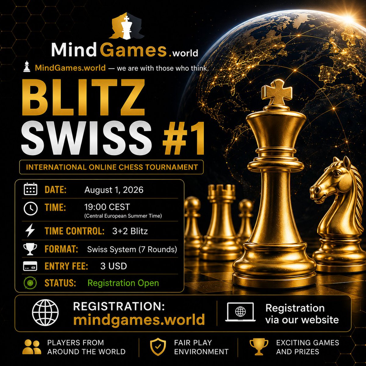 MindGamesWorld's tweet photo. 🏆 MindGames Blitz Swiss #1  Join players from around the world in our first international online chess tournament.  
🌐 Register: https://t.co/ofUsG7Cac5  ♟️ https://t.co/3TEE9l08Oh — We are with those who think. 
 #chess #lichess #blitz #tournament #onlinechess #mindgames https://t.co/KH0SamAxYl