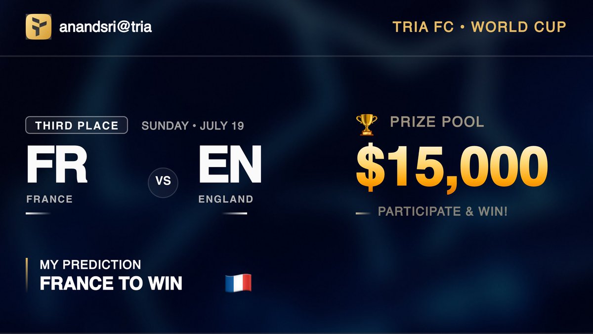 anandgowtham's tweet photo. My World Cup card is live on @useTria 🔥 Backing 🇫🇷 France TO WIN vs England.

I'm racing for a $15K prize pool on Tria - every pick, swipe &amp; trade scores. Think you can read the World Cup better than me? 👇 #TriaFC
https://t.co/1RsbguVWY1 https://t.co/GSC1KigGXN
