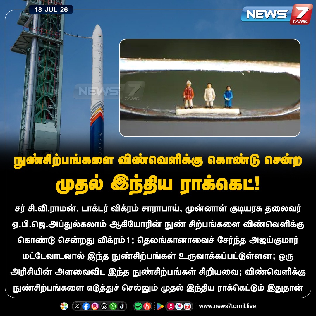 news7tamil's tweet photo. நுண்சிற்பங்களை விண்வெளிக்கு கொண்டு சென்ற முதல் இந்திய ராக்கெட்!

#Vikramone | #Vikram1 | #PrivateRocket | #India | #MicroCraft https://t.co/tOMH662ECh