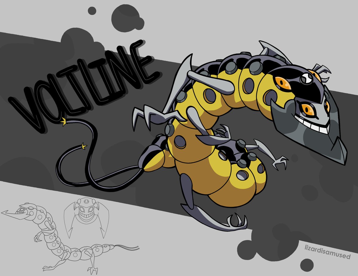 amusedlizard's tweet photo. Voltline Redesign 🐛⚡
(Original name: Centipeater)

Abilities:
- Enhanced Burrowing
- Electrical Blasts
- Kinetic Build-up (powers up electrical moves while burrowing or taking physical damage)
- Retractable Limbs

#ben10 #ben10aliens #ben10classic  #creaturedesign https://t.co/kdha2tvslq