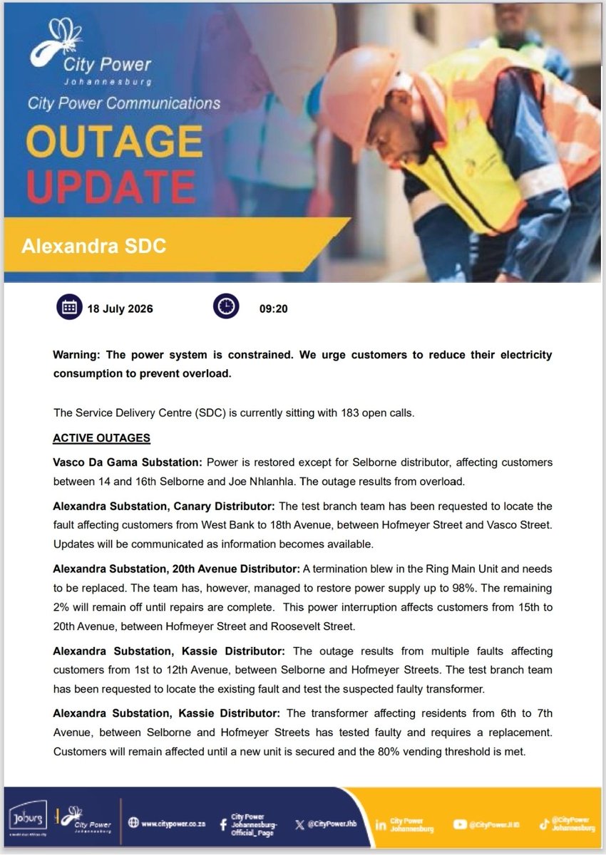 CityPowerJhb's tweet photo. #CityPowerUpdates #CityPowerOutages 
#AlexandraSDC 

City Power Alexandra Service Delivery Centre (SDC) currently has 183 open calls.  

Follow the City Power Alexandra SDC Updates channel on WhatsApp: https://t.co/REP3E2dSGs ^NT https://t.co/YquMn0LC0R