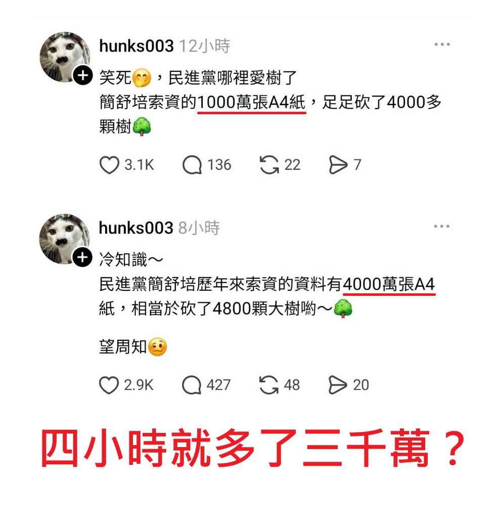 twsunflower1450's tweet photo. 才過四小時而已，A4紙就自己繁殖了三千萬張？

護航護到開始胡言亂語了，四個小時前一千萬，四個小時後四千萬，照這個速度，再過一天是不是就變四十億張？ https://t.co/8E7bGn6Xxu