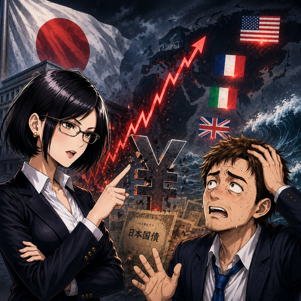 ex_trader's tweet photo. 田中「円も国債も不安定なら、現金で持っていても逃げ場がないよ…。海外まで連鎖したら何を買えばいいんだ。」
レイコ様「恐怖で全部を同じ危機として扱うのが雑なのよ。通貨、金利、財政のリスクを分けず、逃げ先だけ探すのは資産管理ではない。まず偏りを減らしなさい。」 https://t.co/JLV5Uth4Kp