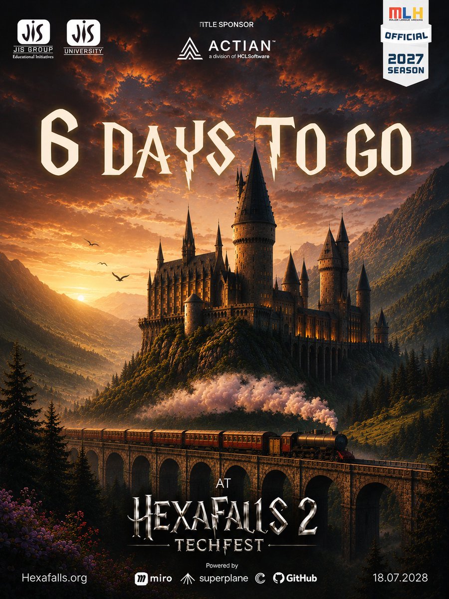 hexafalls's tweet photo. ⚡ Only 6 Days until the magic unfolds.

The HexaFalls 2 Express is almost at the platform, and the greatest tech adventure of the year is about to begin. 🪄

#HexaFalls2 #TechFest #Hackathon #Robotics #MLH #Actian https://t.co/I5lx6ca7s1