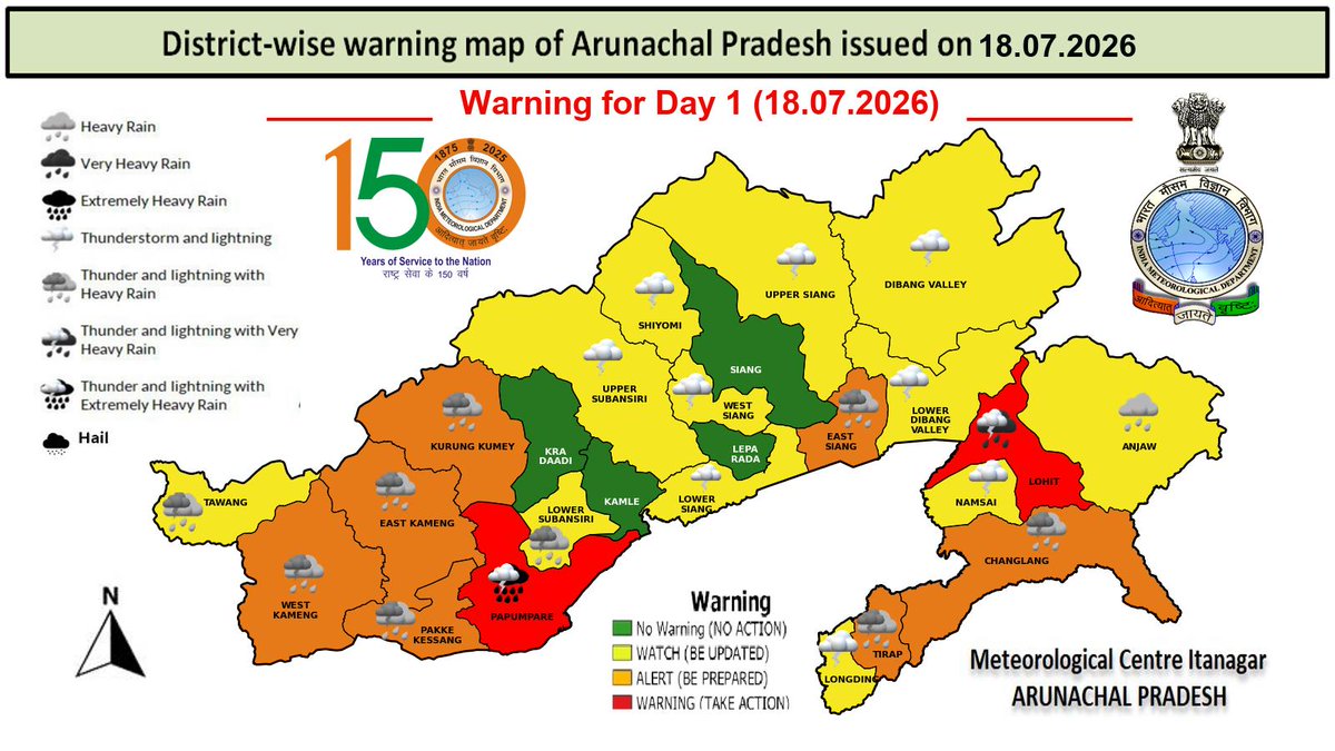 CenterItanagar's tweet photo. Warning, Forecast maps for Arunachal Pradesh on 18.07.2026. https://t.co/KM4y0JKc0x