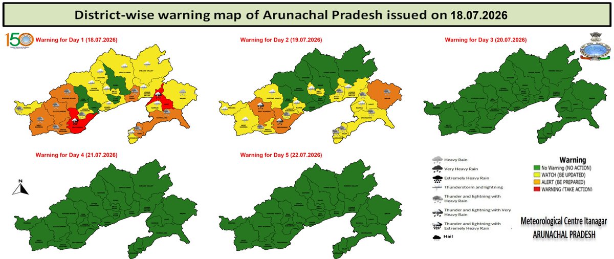 CenterItanagar's tweet photo. Warning, Forecast maps for Arunachal Pradesh on 18.07.2026. https://t.co/KM4y0JKc0x