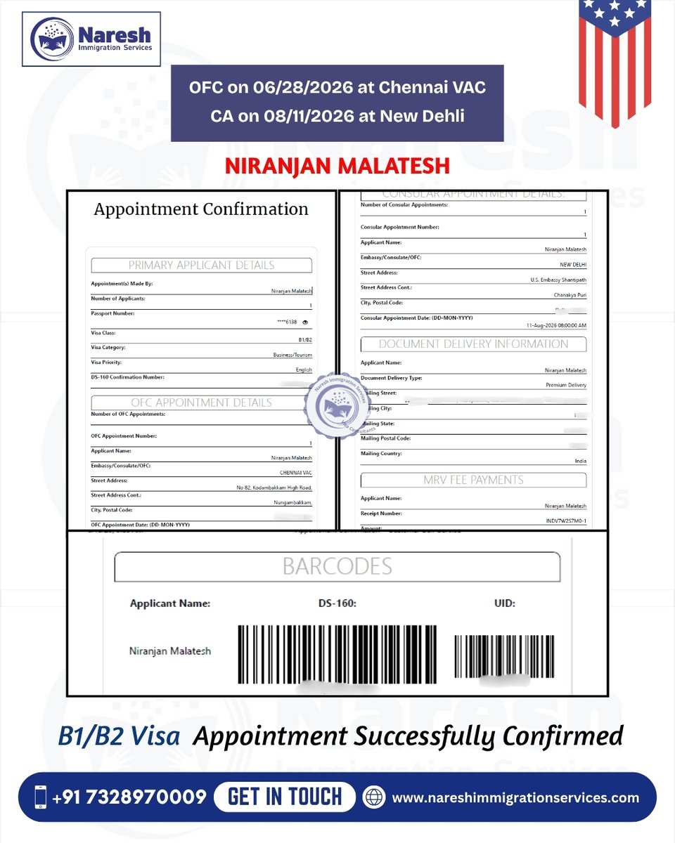 naresh_gundu43's tweet photo. π Congratulations to Niranjan Malatesh on the successful confirmation of his U.S. B1/B2 Visa Appointment! πΊπΈ
Need help with your USA visa appointment or application?
π +91 7328970009
π https://t.co/ZXpyV7h51I
#B1B2Visa #USVisa #VisaAppointment #NareshImmigration https://t.co/zWw7usEdNA