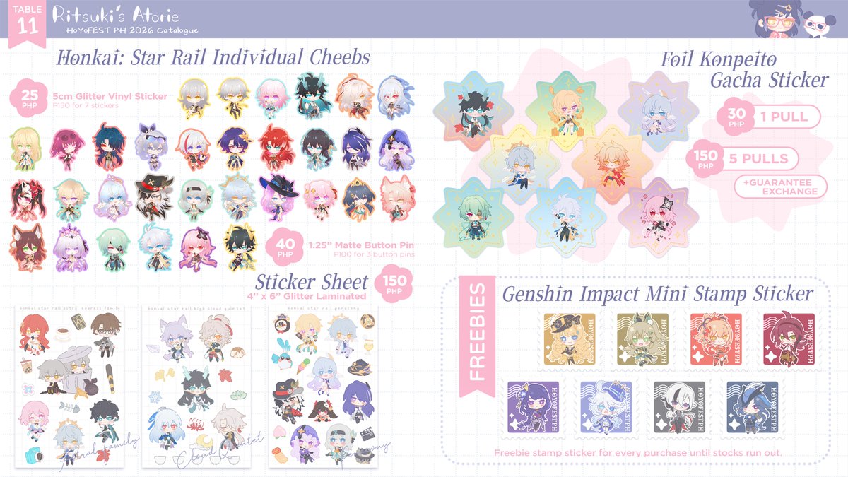 ritsuki1130's tweet photo. [RTs🩷]  My Catalogue for #HoYoFEST2026

🌸Tears of Themis🌼Summeretto Waveflair, Honkai: Star Rail, Gacha Foil Stickers🌟Limited GI Mini Stamp Sticker Freebies

DM for reservations or use form in replies👇

#HoYoFESTPH2026 https://t.co/XYEGPv6u05