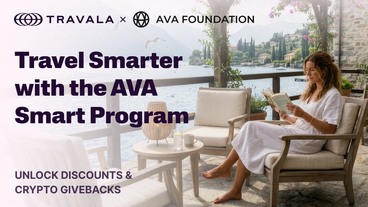 travalacom's tweet photo. Want to travel smarter and save more? ✈️

Join the AVA Smart Program today! Lock your $AVA to unlock up to 5% direct discounts, up to 10% crypto givebacks, and exclusive perks!

Start your journey 👉 https://t.co/gd7iQA9602 @AVAFoundation https://t.co/ofrD1sXNo9