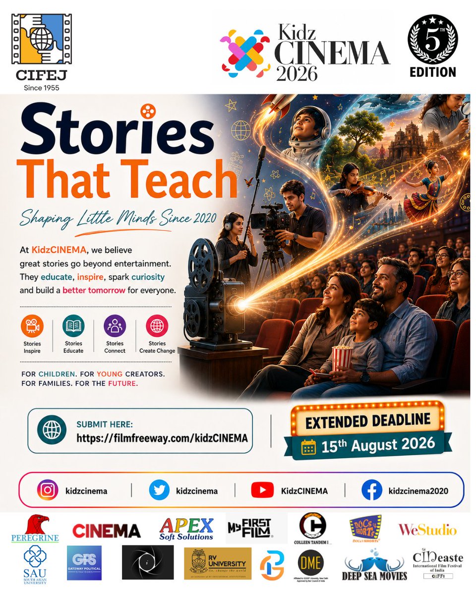 kidzcinema's tweet photo. Every great story teaches something valuable. 🎬
Inspire the next generation through film.
Submit: https://t.co/og8Q5mV1aG
Deadline: 15 Aug 2026
@cifej
#KidzCINEMA #StoriesThatTeach #FilmFestival #Storytelling #YoungFilmmakers https://t.co/ujKC9LlHmx