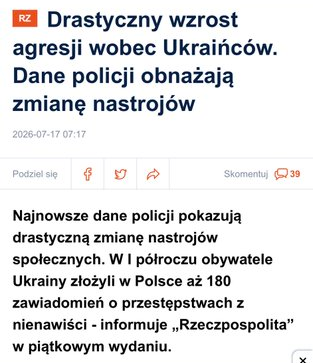 coolfonpl's tweet photo. "Drastyczny wzrost" o 30% czyli z 5 na 7 zgłoszeń tygodniowo.
Zgłoszeń, nie przestępstw stwierdzonych.

W państwie, gdzie mieszka 2 miliony Ukraińców.
To dowód na jedno - jesteśmy BAAAARDZO tolerancyjni.

Dla porównania skali: co tydzień łapanych jest ponad 100 pijanych Ukraińców za kółkiem.