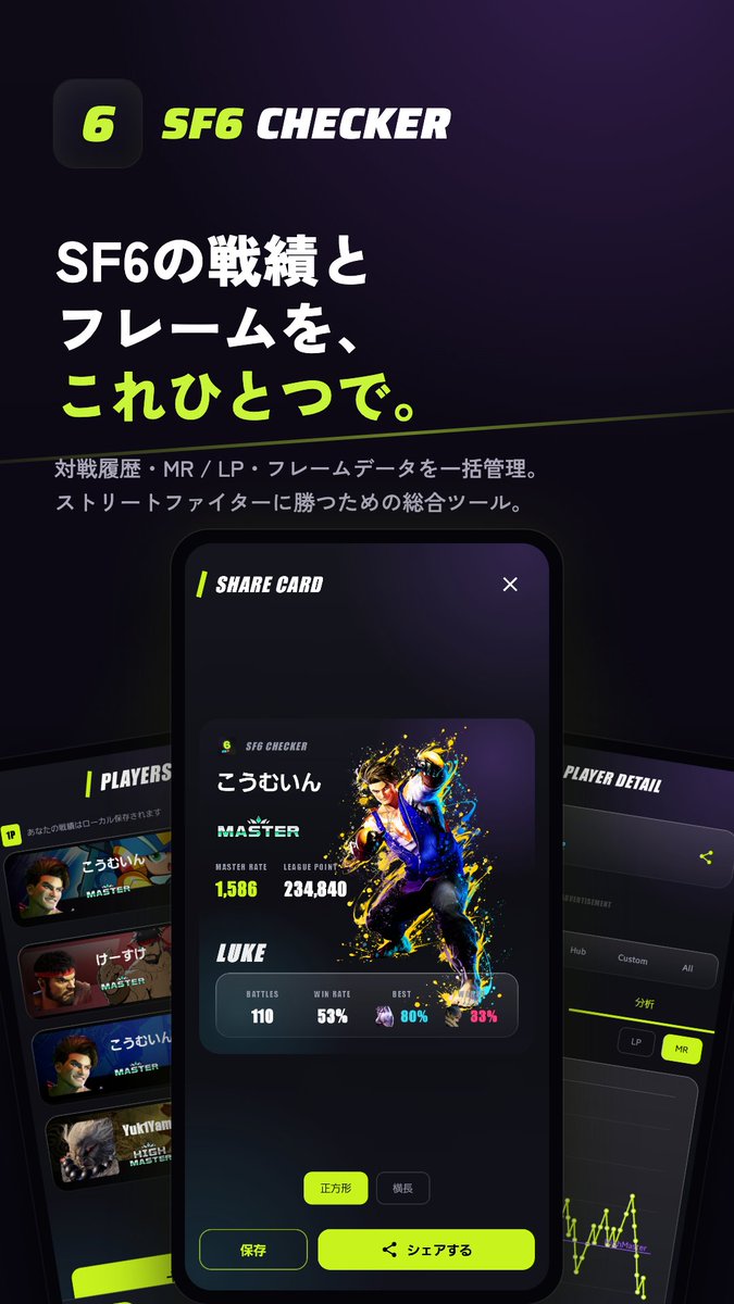 OpSarada's tweet photo. スト6の戦績分析アプリ「sf6checker」を公開しました！

・公式サイトでは見られない100戦超の対戦履歴を蓄積
・キャラ別勝率やLP/MRの推移をグラフで確認
・登録したプレイヤーのオンライン通知

https://t.co/hghhwNccaX

#スト6 #Streetfighter６ #個人開発 #ストリートファイター６ https://t.co/AbssuizYgL
