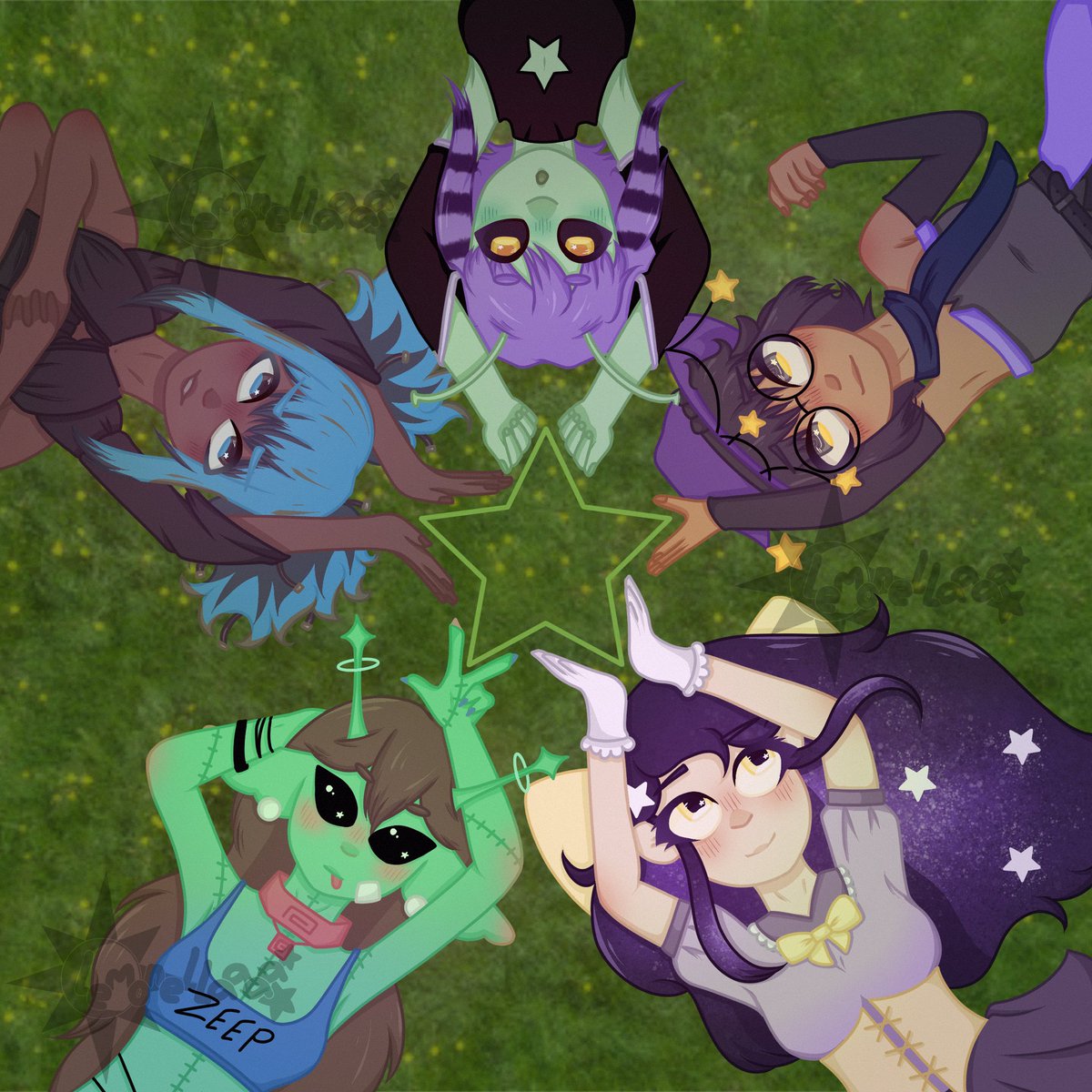 lemonellaaaa's tweet photo. starting in the bottom right, going clockwise; BuhBerly ‘s Starlette, NerdAlert5000 ‘s Zorp, Caedmon ‘s Argo of the Stars, Bootyyyshaker9000 ‘s Saturn, and ImperfectSpatula ‘s Starshine Witch

mass attack! this was really fun! https://t.co/CN7OyTvyGm