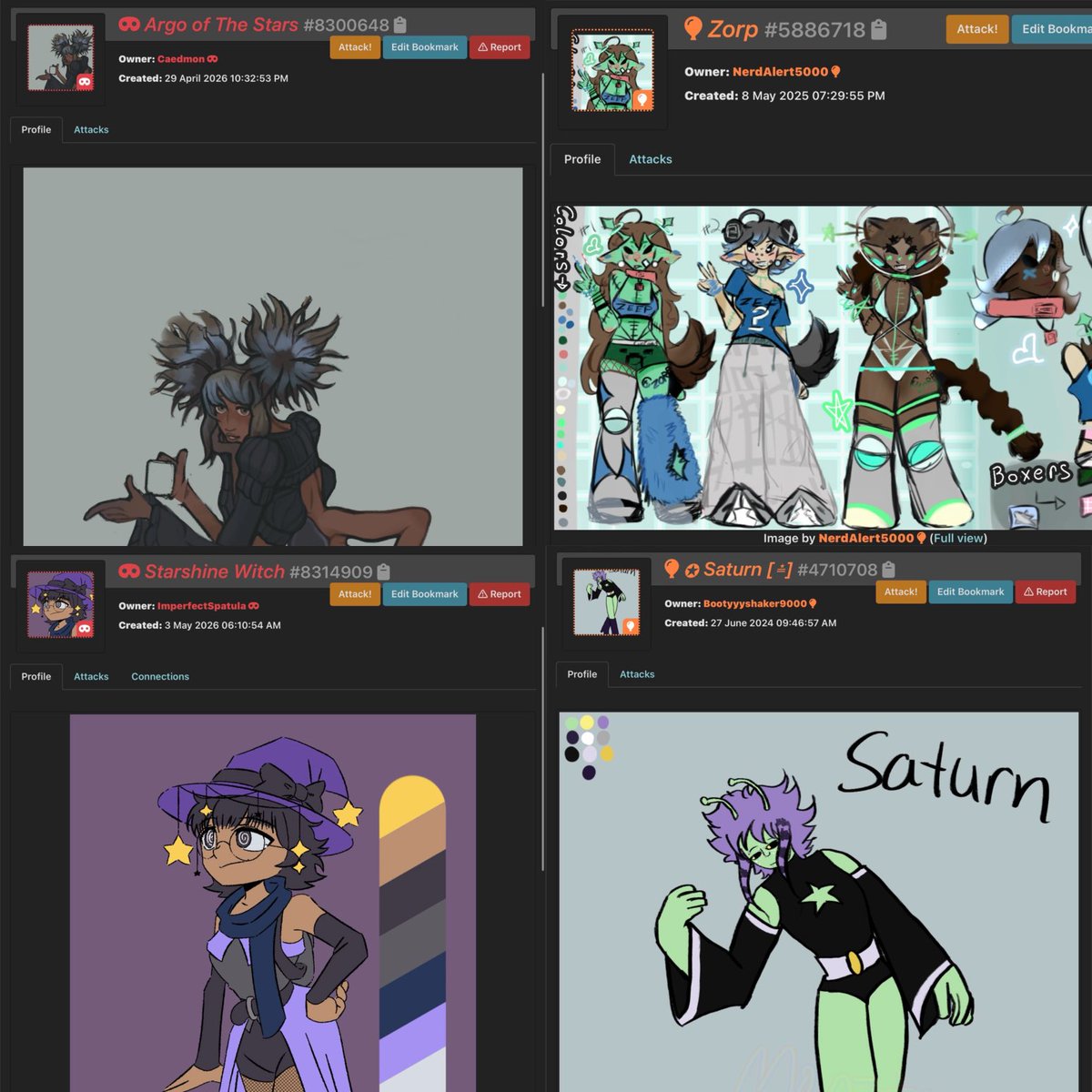 lemonellaaaa's tweet photo. starting in the bottom right, going clockwise; BuhBerly ‘s Starlette, NerdAlert5000 ‘s Zorp, Caedmon ‘s Argo of the Stars, Bootyyyshaker9000 ‘s Saturn, and ImperfectSpatula ‘s Starshine Witch

mass attack! this was really fun! https://t.co/CN7OyTvyGm