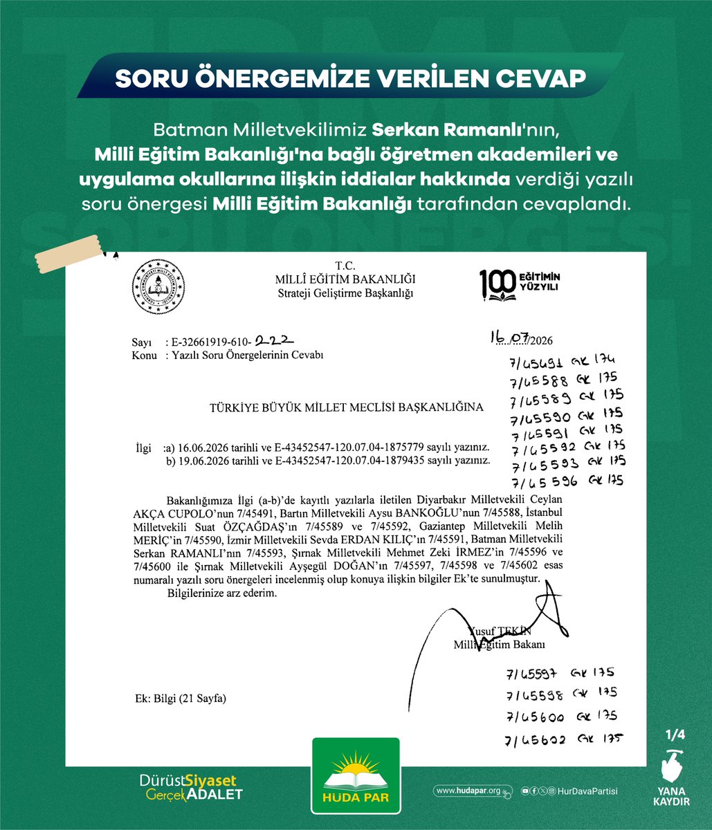 HudaParTBMM's tweet photo. Batman Milletvekilimiz Serkan Ramanlı'nın, Milli Eğitim Bakanlığı'na bağlı öğretmen akademileri ve uygulama okullarına ilişkin iddialar hakkında verdiği yazılı soru önergesi cevaplandı.

Milli Eğitim Bakanı Yusuf Tekin tarafından verilen cevap ektedir.

Takdir kamuoyunun. https://t.co/QdUFRFGc8z