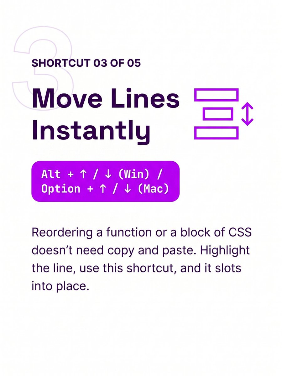 CodeWithHooria's tweet photo. These four keyboard shortcuts will
save you at least an hour every single week.

SAVE this post to remember the difference.
CLICK THE LINK IN MY BIO to watch the tutorials on Youtube!
FOLLOW for daily frontend &amp; AI tips.
#vscode #codingtips #webdevelopment #softwaredeveloper https://t.co/OCJ3mTwXcp