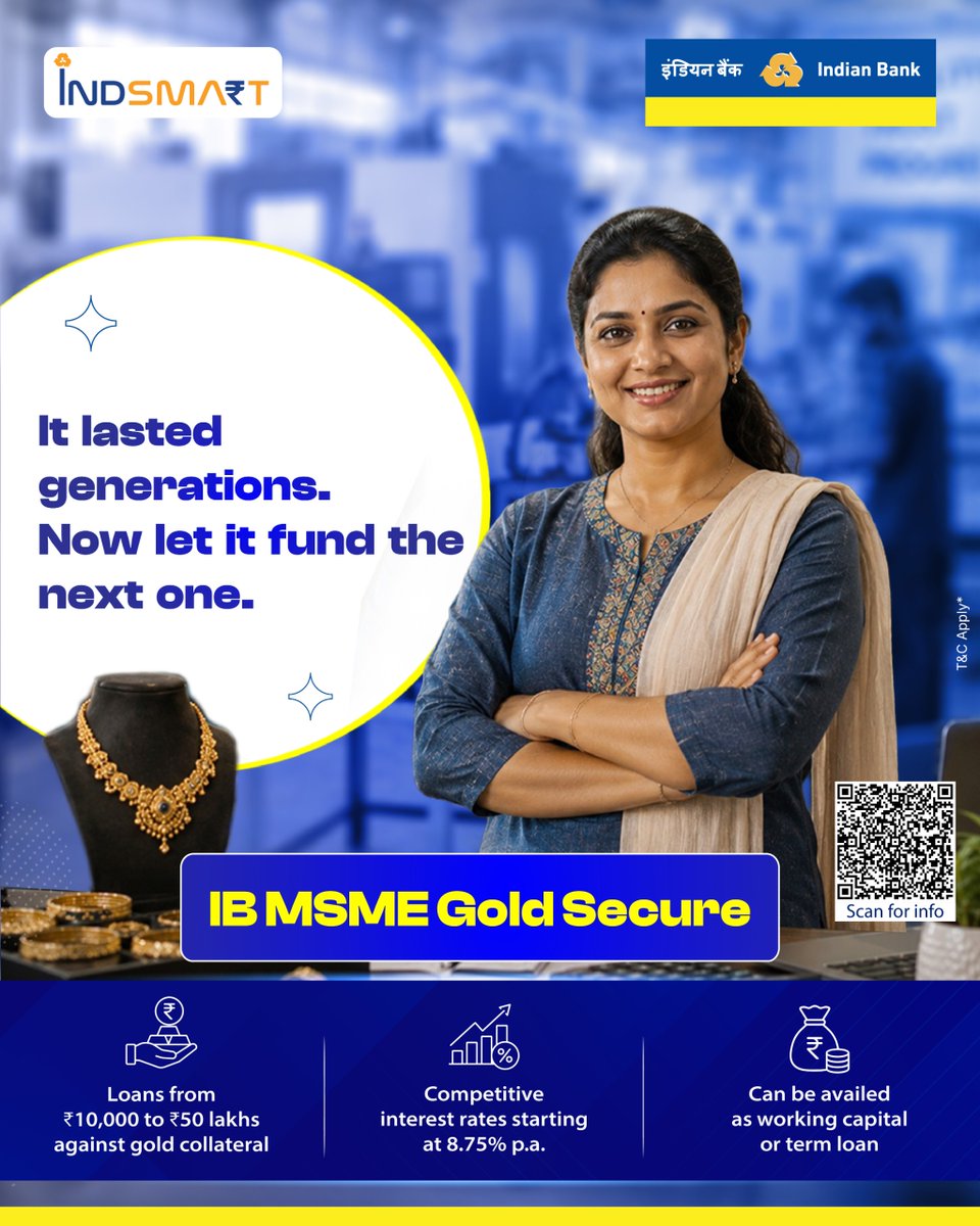 MyIndianBank's tweet photo. Your gold has always been a symbol of security, now let it be a source of growth. IB MSME Gold Secure turns your gold into instant business credit, with flexible repayment built around your actual business needs.
Know more: https://t.co/BlcGZTT5Pz

#IndianBank #MSME #GoldLoan https://t.co/0DvNu6nZD9