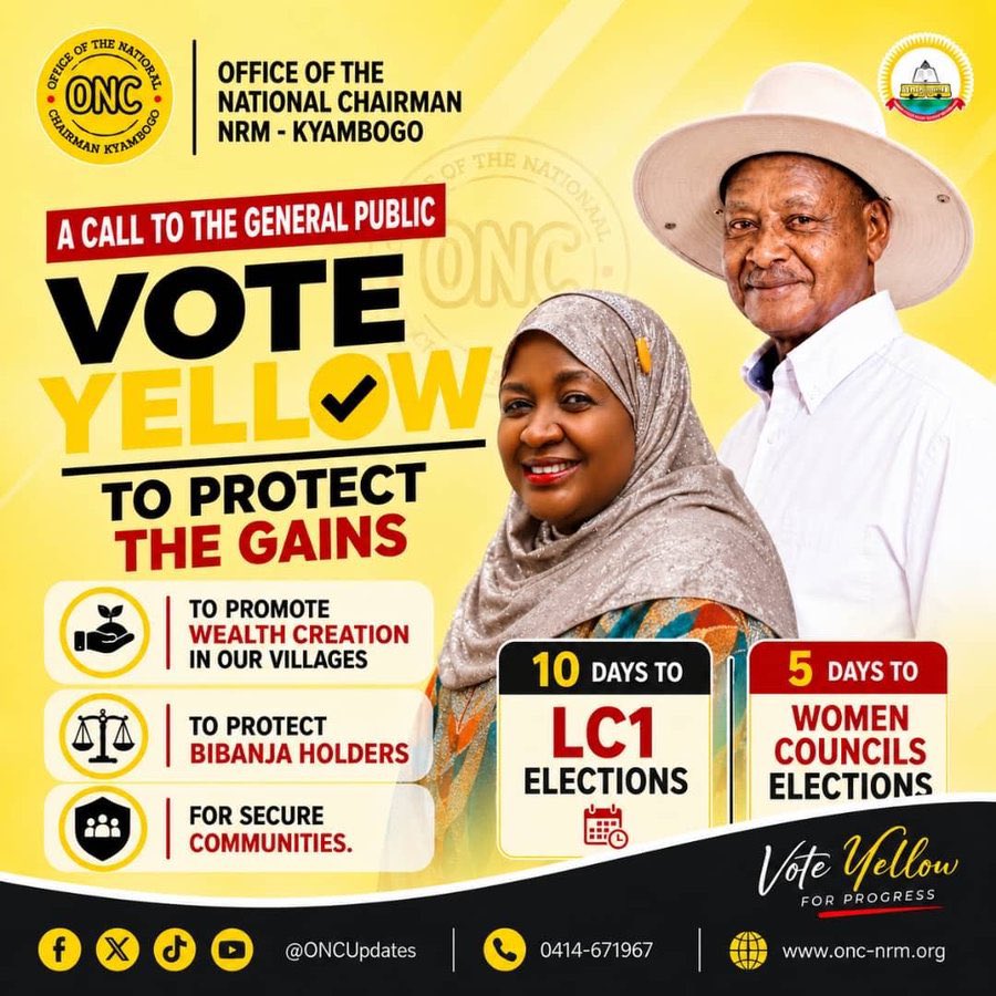 AthenaH's tweet photo. Countdown Underway
LC1 Elections: 10 days Women’s Council Elections: 5 days
Vote Yellow.
Why? • To drive wealth creation • To protect Bibanja holders • To secure our communities
The NRM has delivered. Now elect leaders who will safeguard these gains.
Turn up, nominate, and vote NRM.
@KagutaMuseveni @Onc_nrm1 @ChiefMuzzukulu
#ONCUpdates