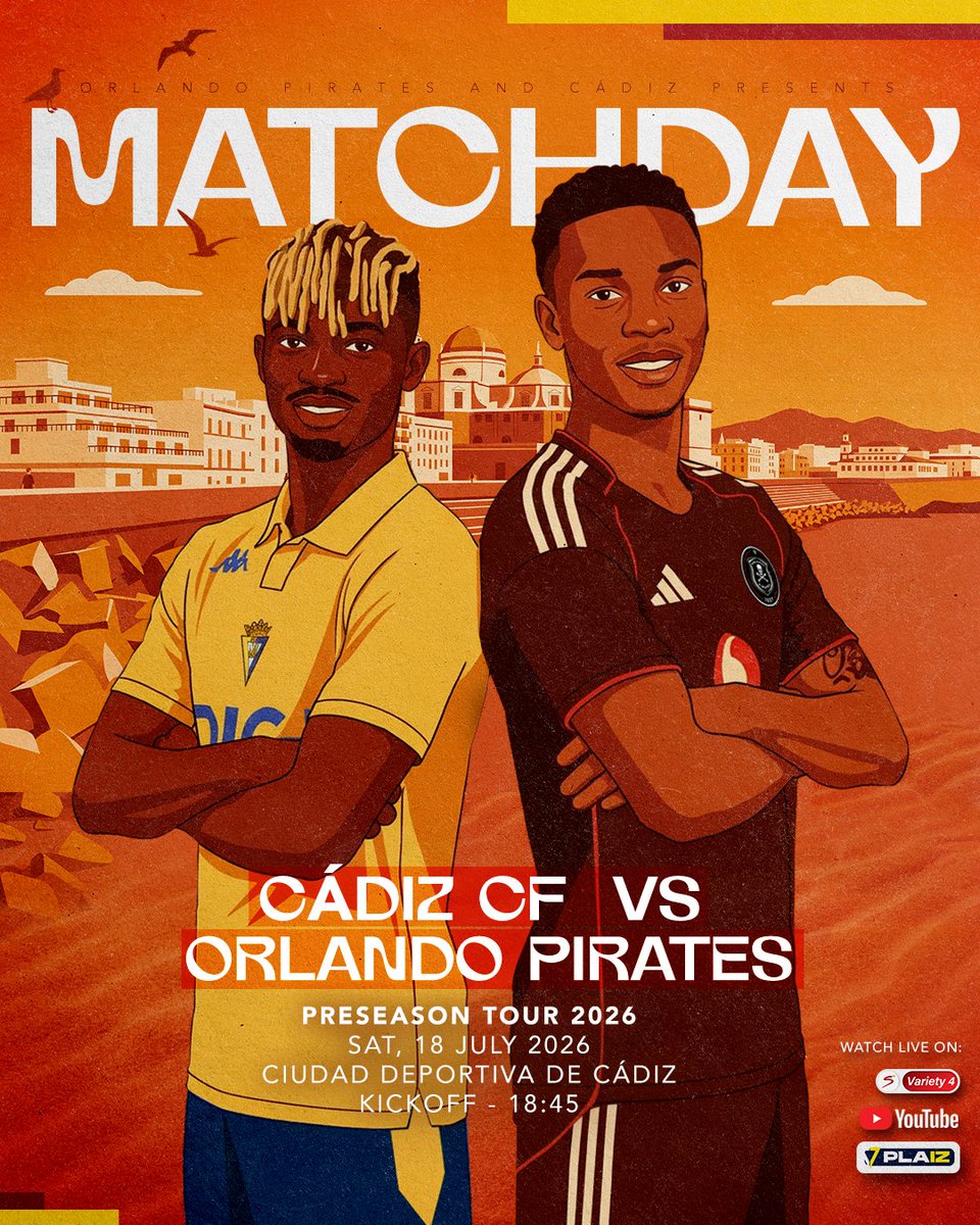 orlandopirates's tweet photo. 𝐌𝐀𝐓𝐂𝐇-𝐃𝐀𝐘

🤝🏽 #preseasonfriendly 🇪🇸
🆚 @Cadiz_CF
🗓️ Saturday, 18 July'26
⏰ 18:45 SAST
📺 @SuperSportTV 209 | https://t.co/yIhNGT8v7o
▶️ Pirates TV (YouTube) | https://t.co/Hi6Twnx3Lc

⚫⚪🔴⭐
#OrlandoPirates
#OnceAlways https://t.co/txCOKaGynu
